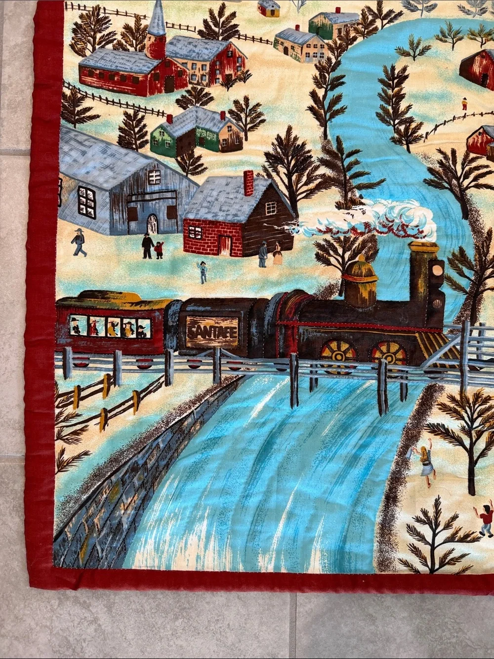 Vintage Americana Folk Art Fabric Wall Hanging Featuring A Winter Train Scene